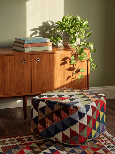 Kelim Pouf — Handmade, 55x55 cm, Multicolor, 100% Virgin Wool | Back view