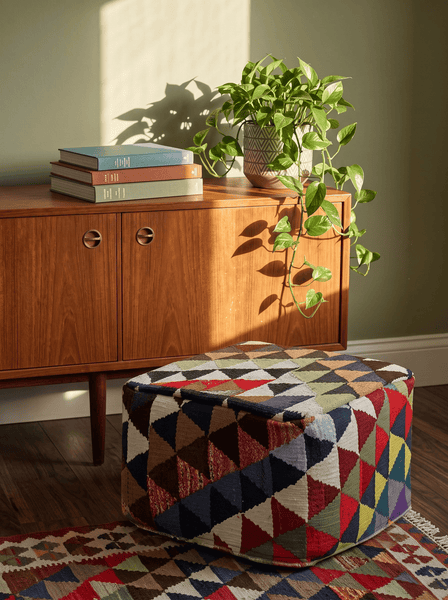 Kelim Pouf — Handmade, 55x55 cm, Multicolor, 100% Virgin Wool | Back view