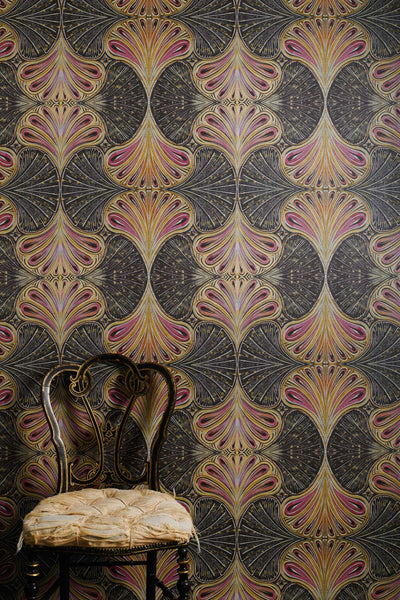 Showgirl scallop wallpaper in pink, gold and soft black with metallic mica finish