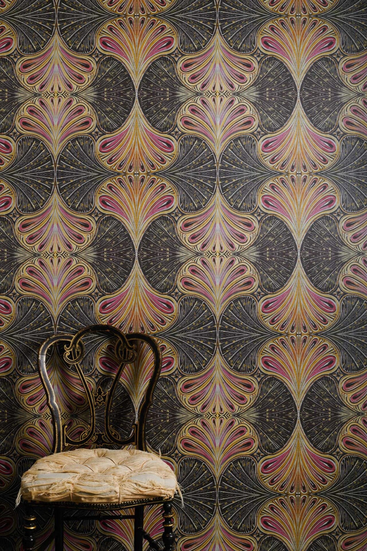 Showgirl scallop wallpaper in pink, gold and soft black with metallic mica finish