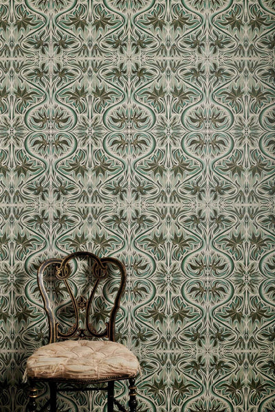 Vittoria Vintage floral wallpaper in green and cream with detailed botanical pattern