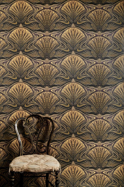 Oyster Art Nouveau shell wallpaper in off black, toffee and stone with metallic sheen
