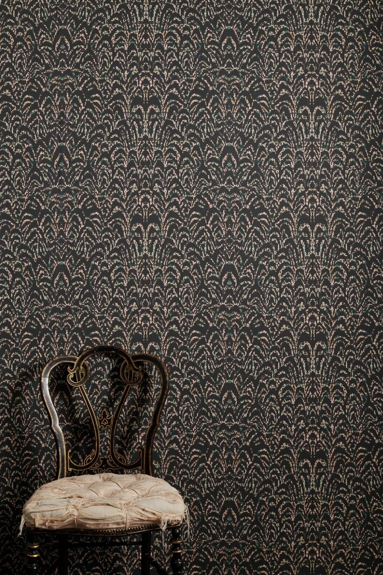 Josephine Art Deco wallpaper in nude, teal and coral with layered painted pattern and soft black detailing on non-woven paste-the-wall paper
