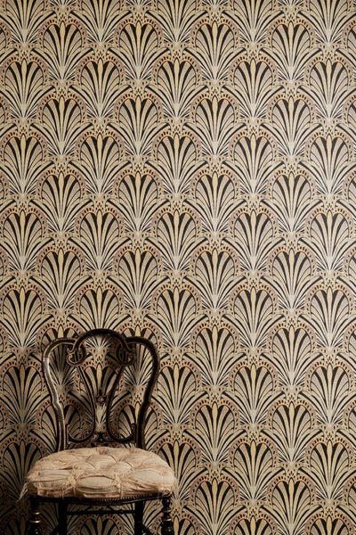 Jada Art Deco fan wallpaper in gold, black and peach with mica metallic finish