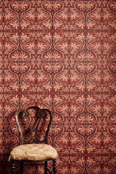 Vittoria Flame floral wallpaper in red and dark blue with flowing Art Nouveau motifs