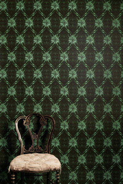 Talon trellis lino print wallpaper with dense layered pattern and moody depth
