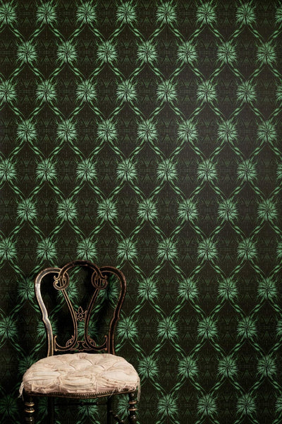 Talon trellis lino print wallpaper with dense layered pattern and moody depth