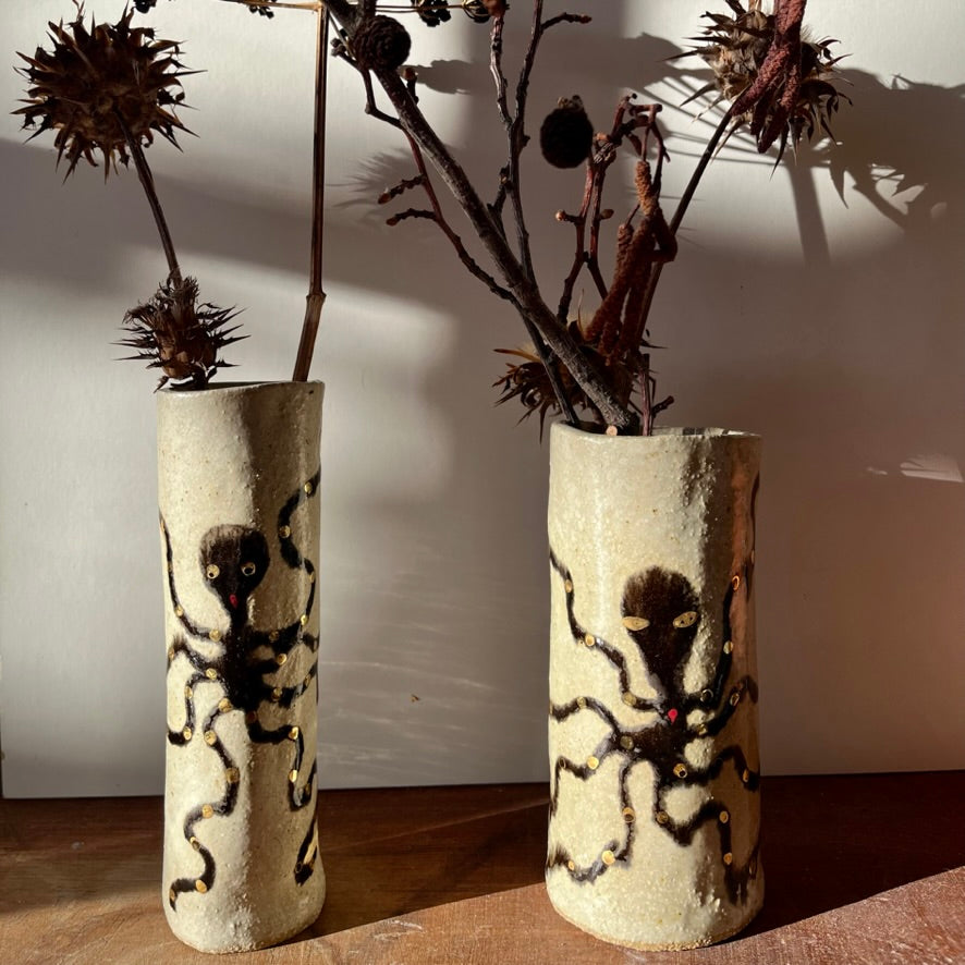 Handmade Pottery Octopus Cylinder Vases With Gold Lustre.