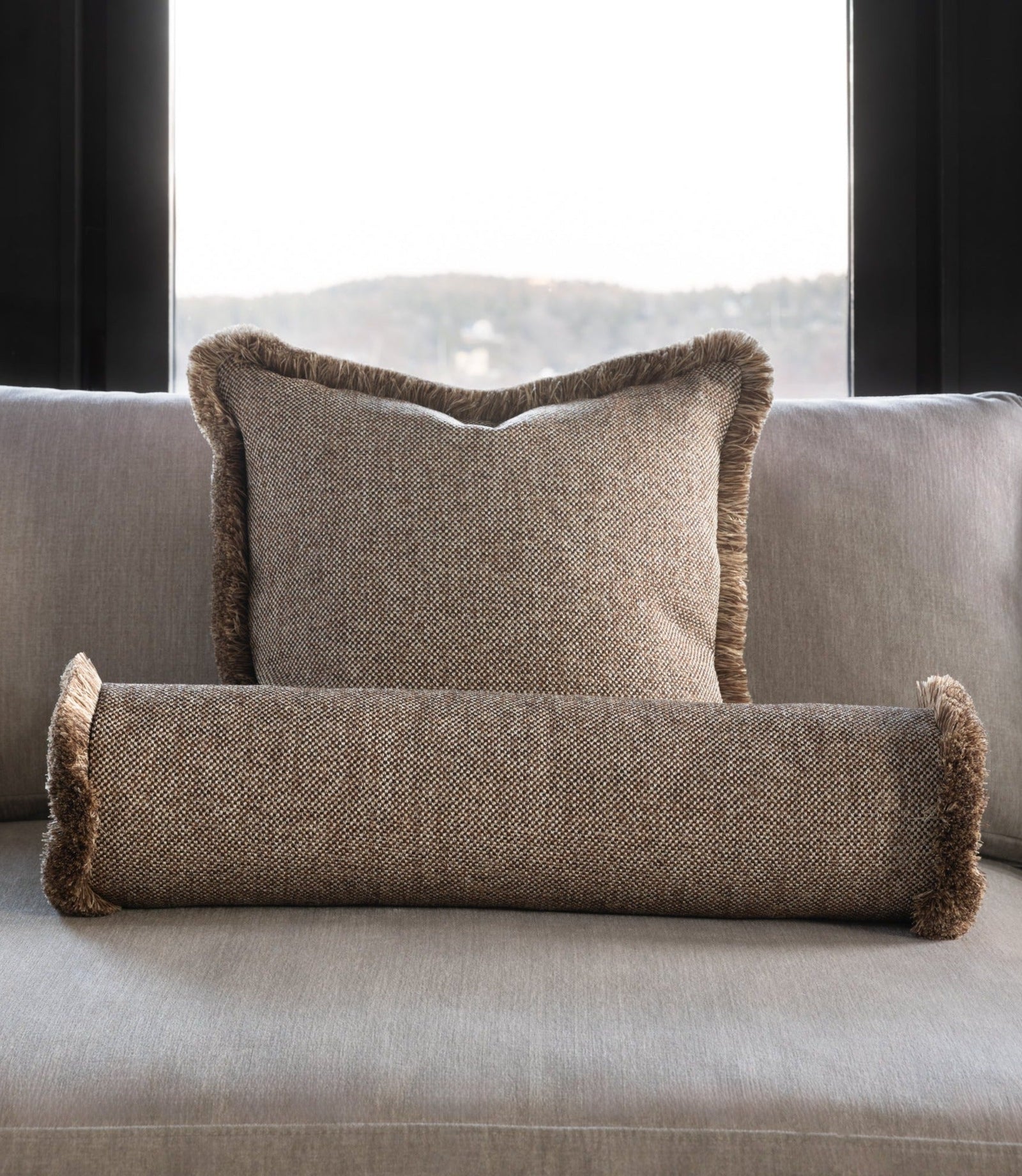 Pillow cover - The Cigar Beige & Brown Quilted with Brown Blended Fringe