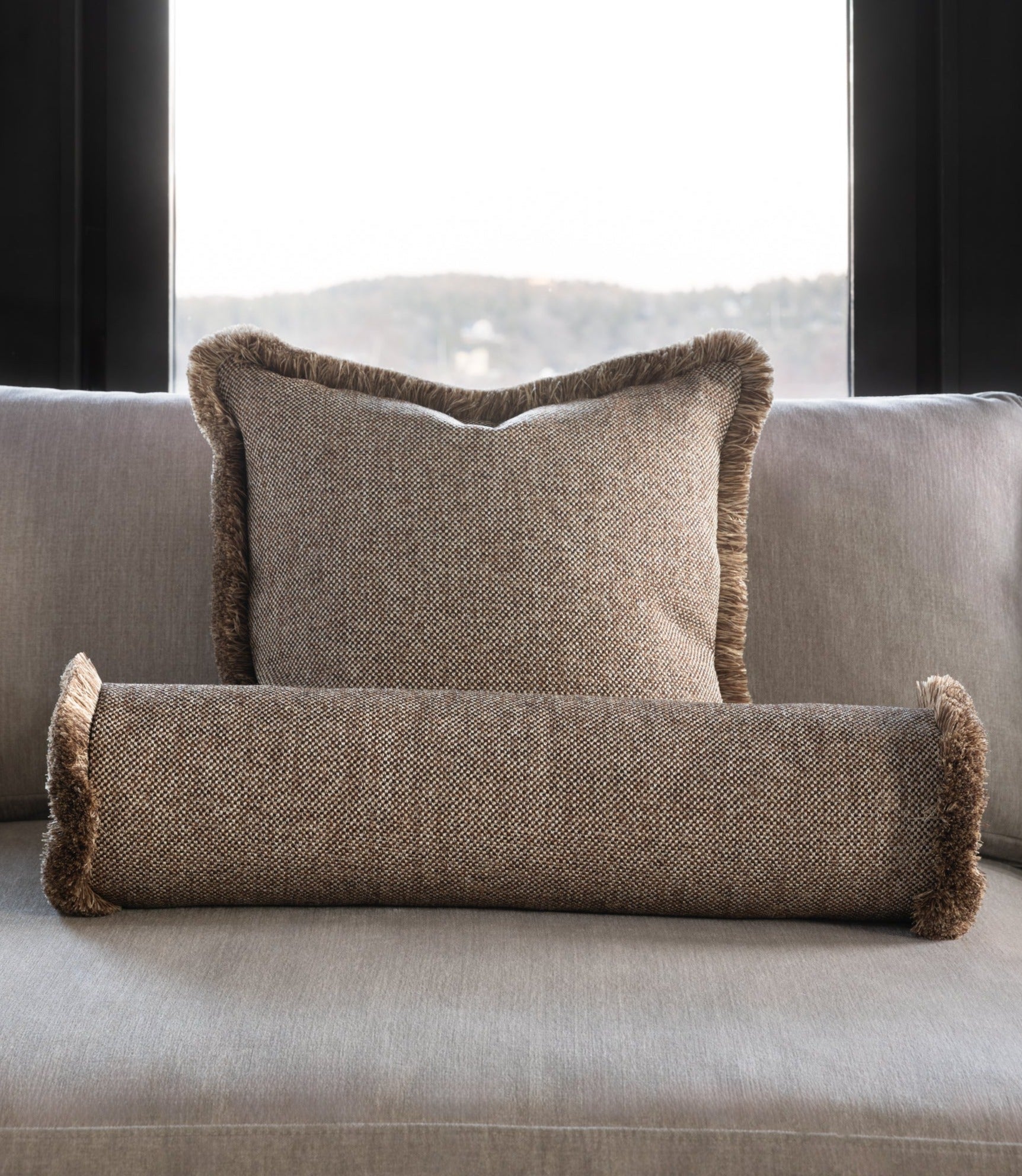 Pillow cover - The Cigar Beige & Brown Quilted with Brown Blended Fringe