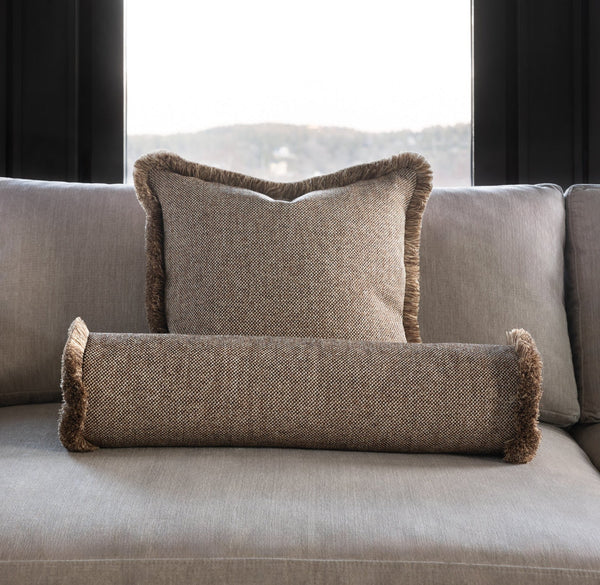 Pillow cover - Quilted Fringe Pillow Cover - Beige & Brown, Brown blended fringe