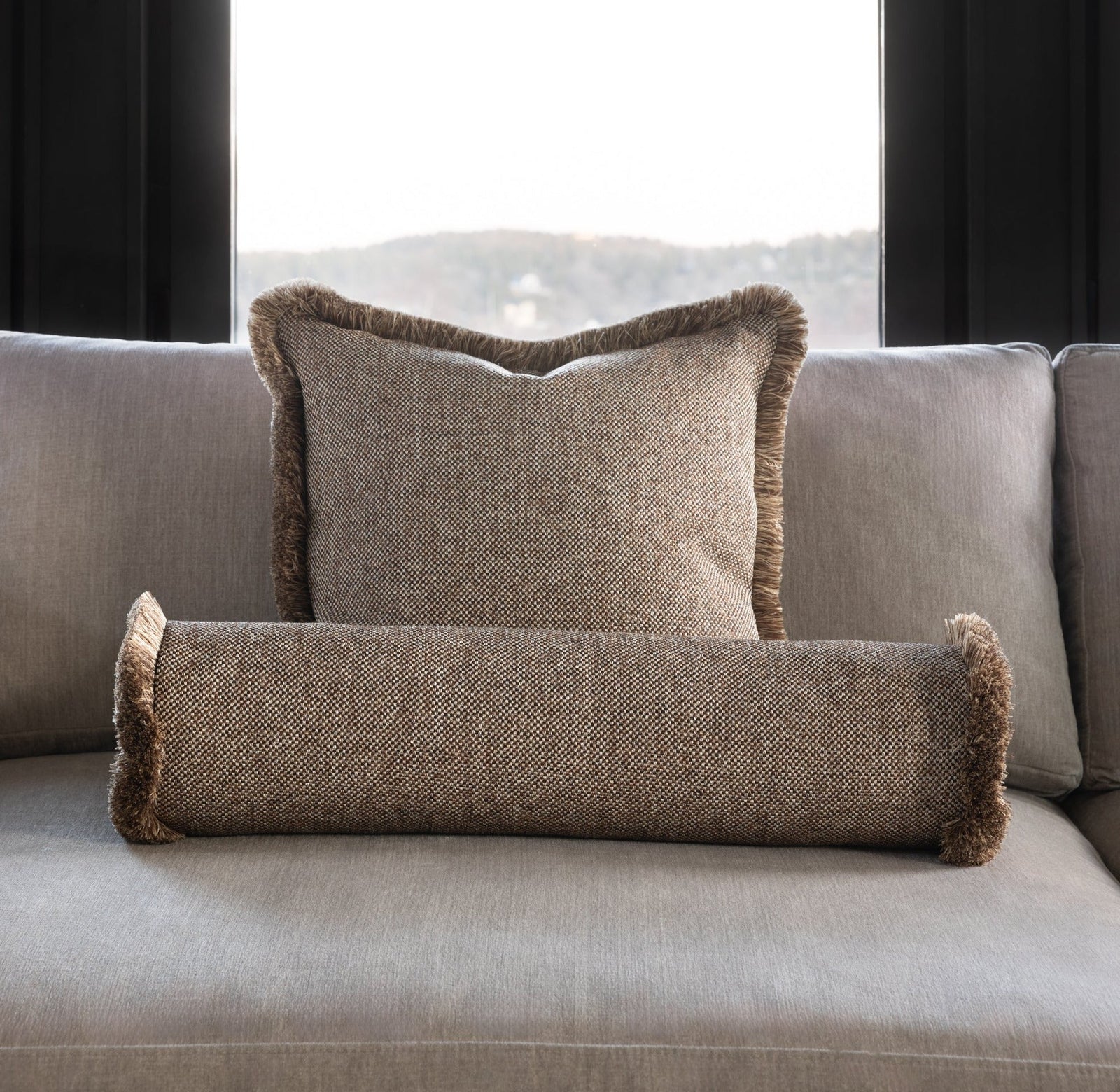 Pillow cover - Quilted Fringe Pillow Cover - Beige & Brown, Brown blended fringe