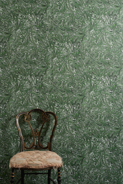 Meredith Malachite wallpaper in deep green marbled pattern with swirling white tones