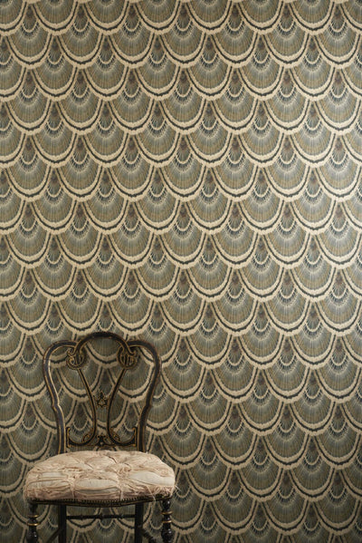 Plume wallpaper with art deco scalloped pattern inspired by starling wings in gold, burgundy, black brown and cream on a textured metallic paper