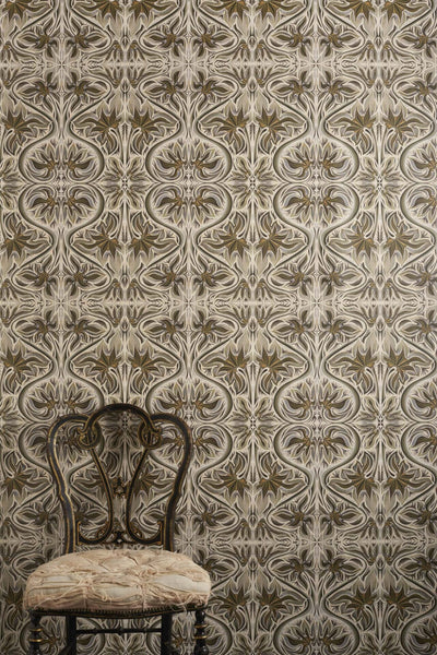 Vittoria Warm wallpaper with flowing floral motifs in warm green, mustard and cream tones inspired by Arts and Crafts and Art Nouveau influences