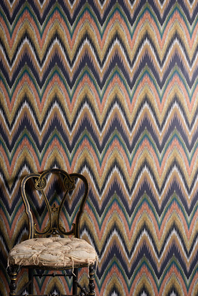 Ziggy wallpaper with energetic zigzag flamestitch pattern created in coloured pencil and metallic tones with a modern distressed finish