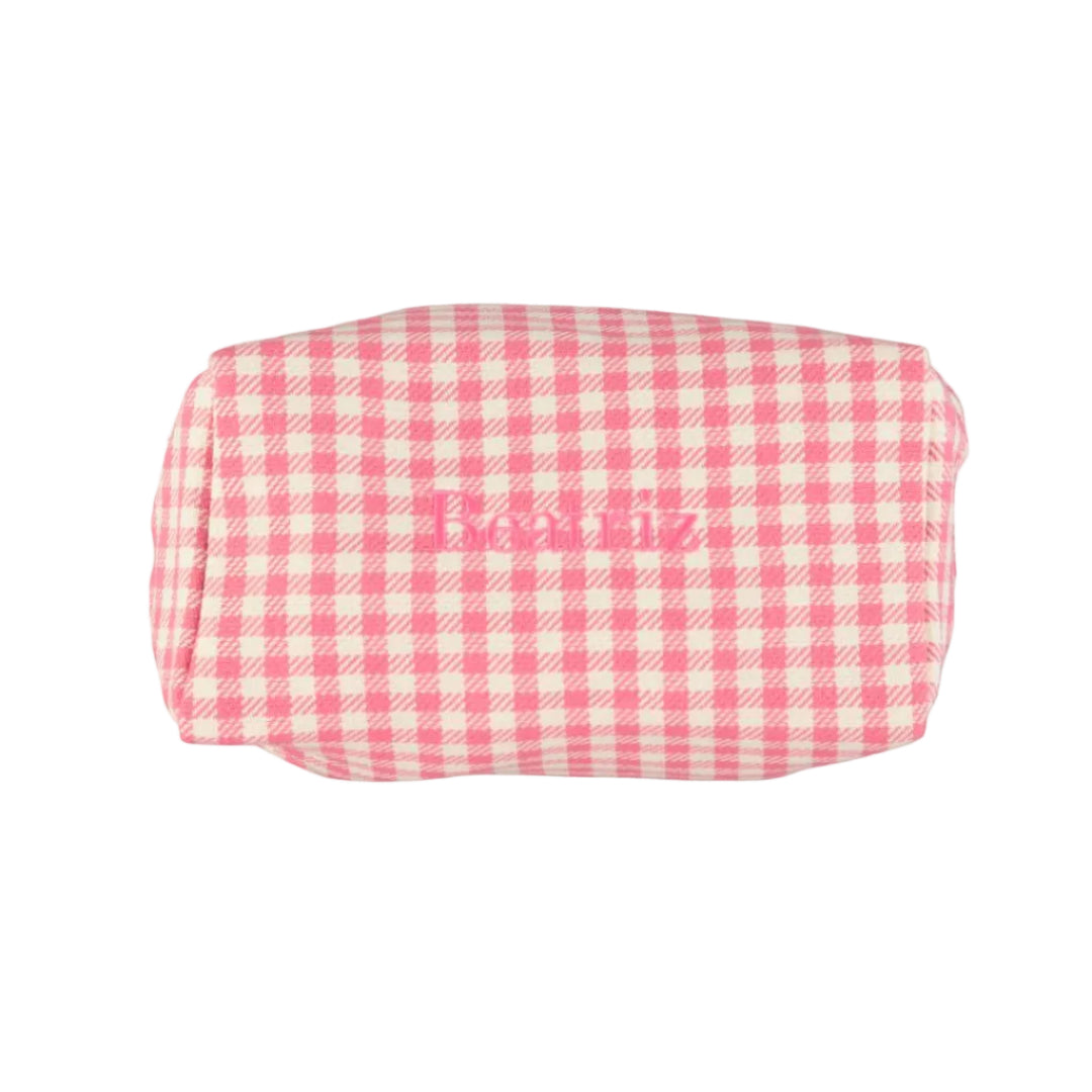 Beauty Gift Set – Personalised Pink Gingham Toiletry Bag