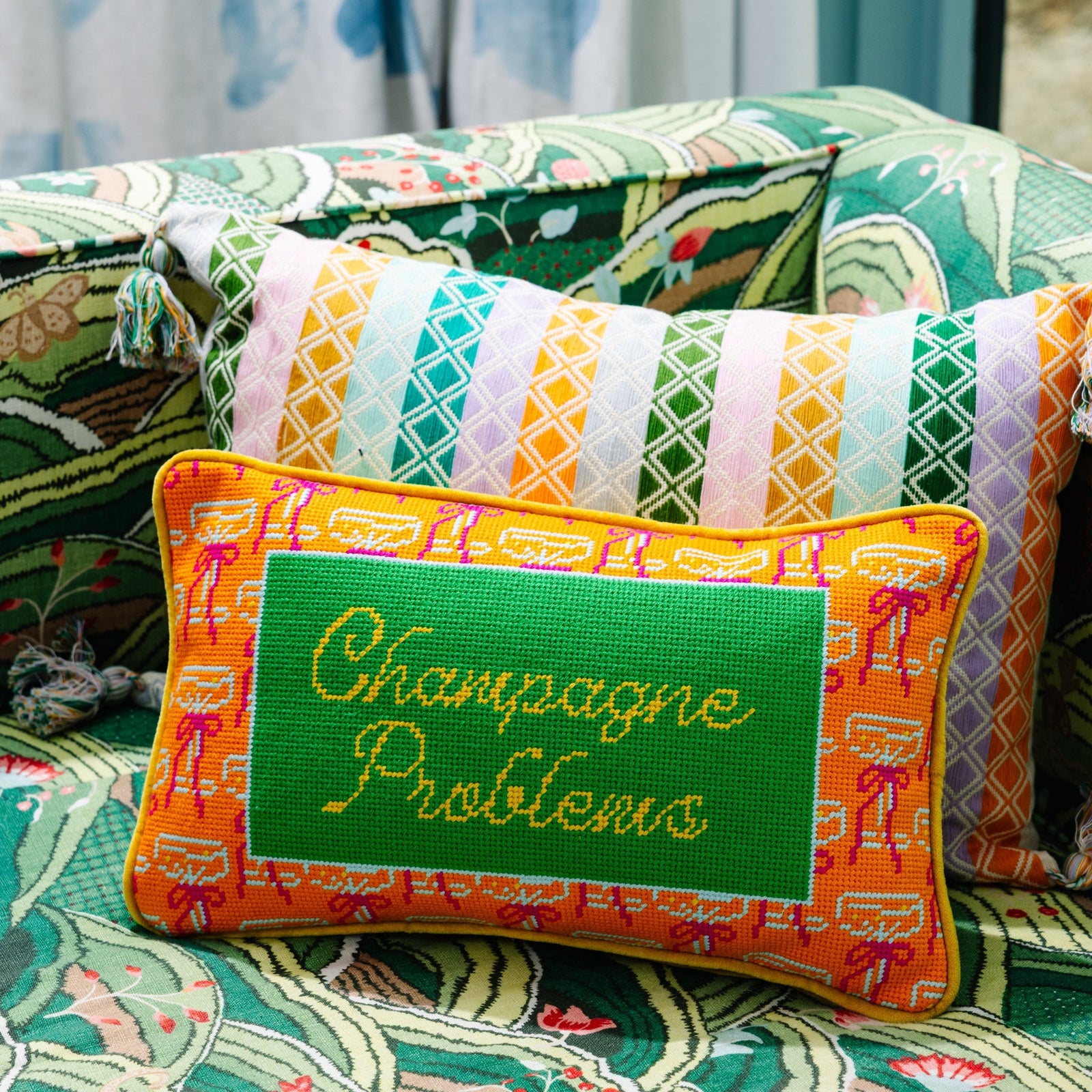 Champagne Problems Needlepoint Pillow - Furbish Studio