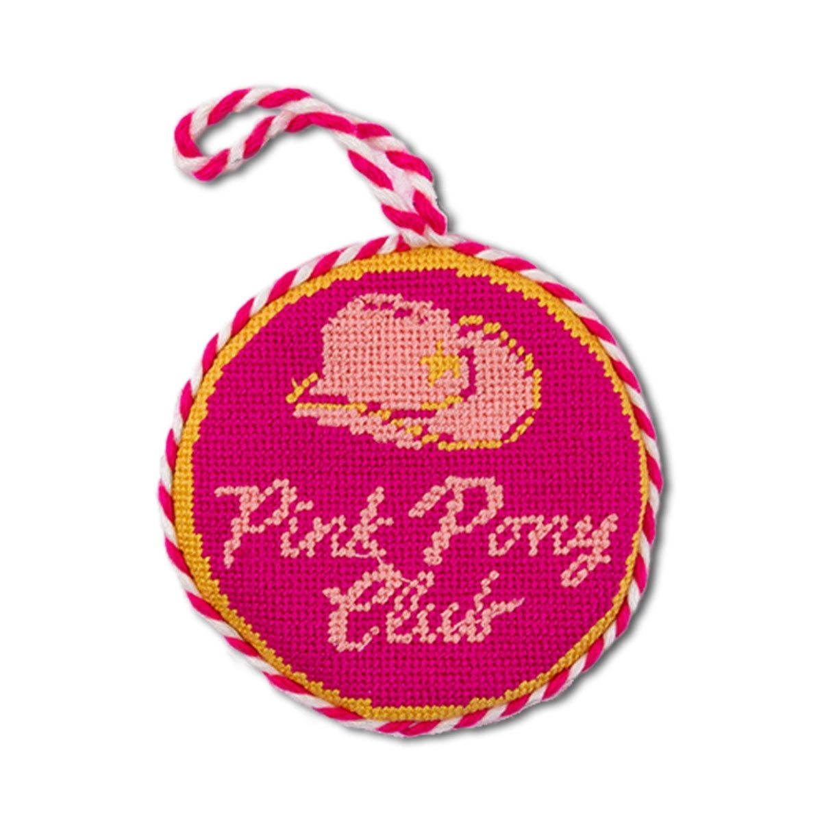 Pink needlepoint charm with elephant design and 'Pink Pony Club' text on a white background