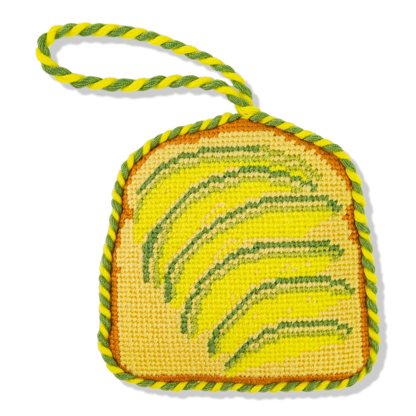 Yellow and green woven pouch with a handle on a white background