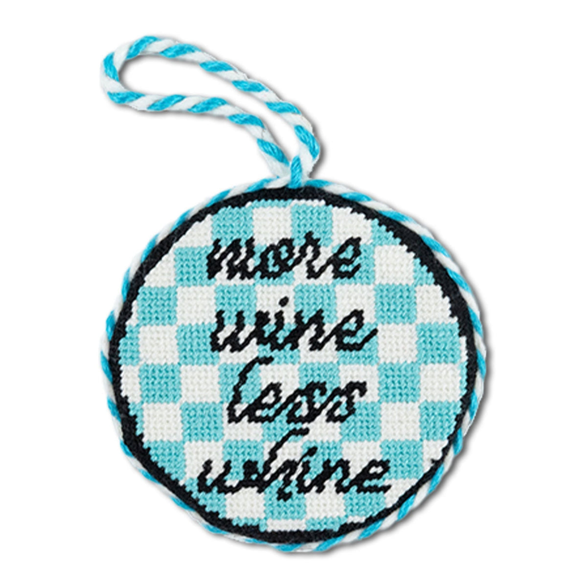 Round embroidered item with blue and white checkered pattern and text on a white background