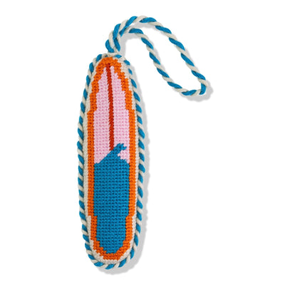 Colorful knitted keychain with a design on a white background