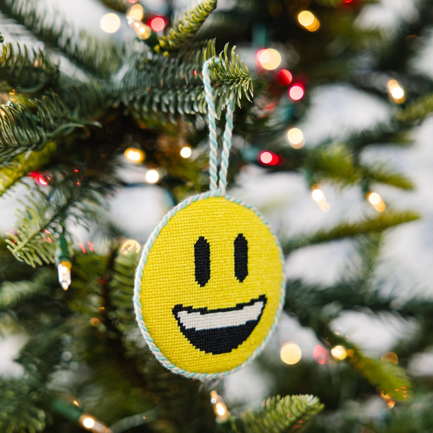 Needlepoint Icon Ornament - Smiley Face Emoji - Furbish Studio
