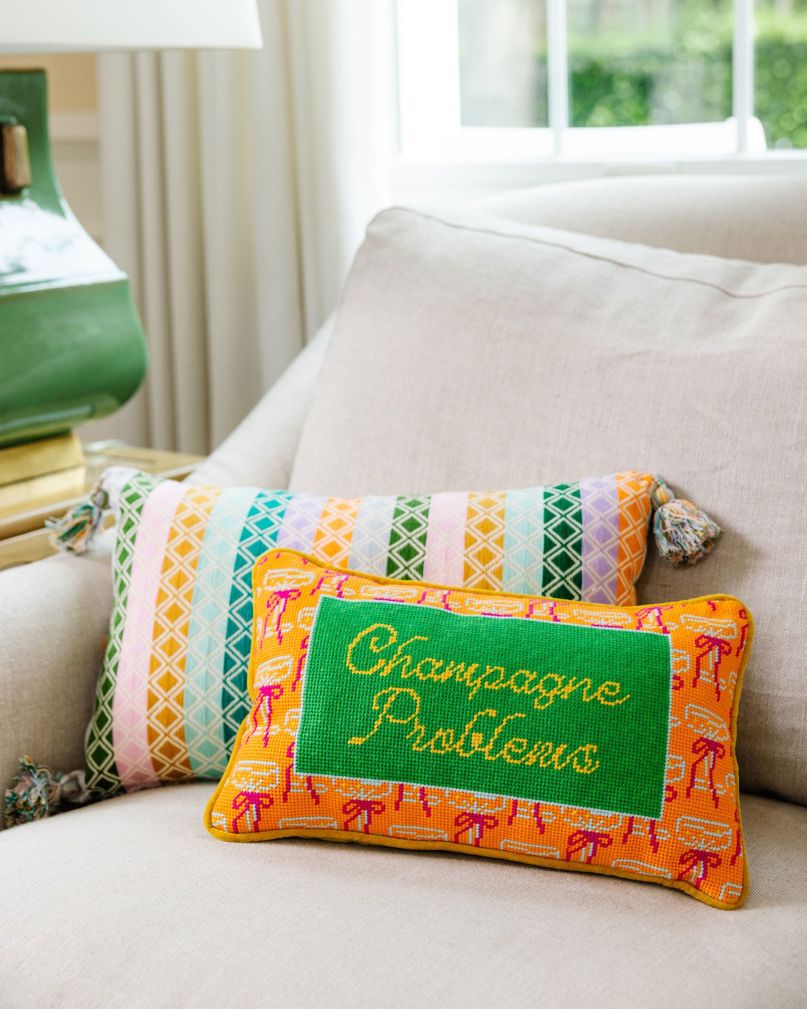 Champagne Problems Needlepoint Pillow - Furbish Studio