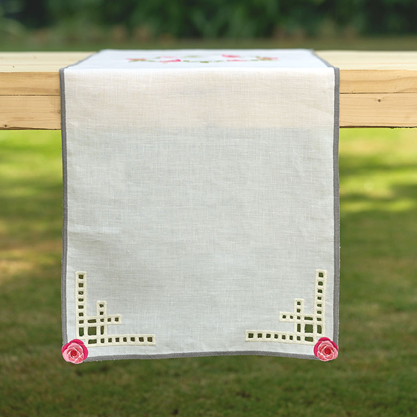 Hand Embroidered Rose Reverie Table Runner 16.5" × 67"