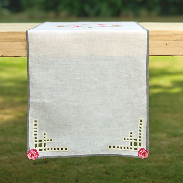 Hand Embroidered Rose Reverie Table Runner 16.5" × 67"