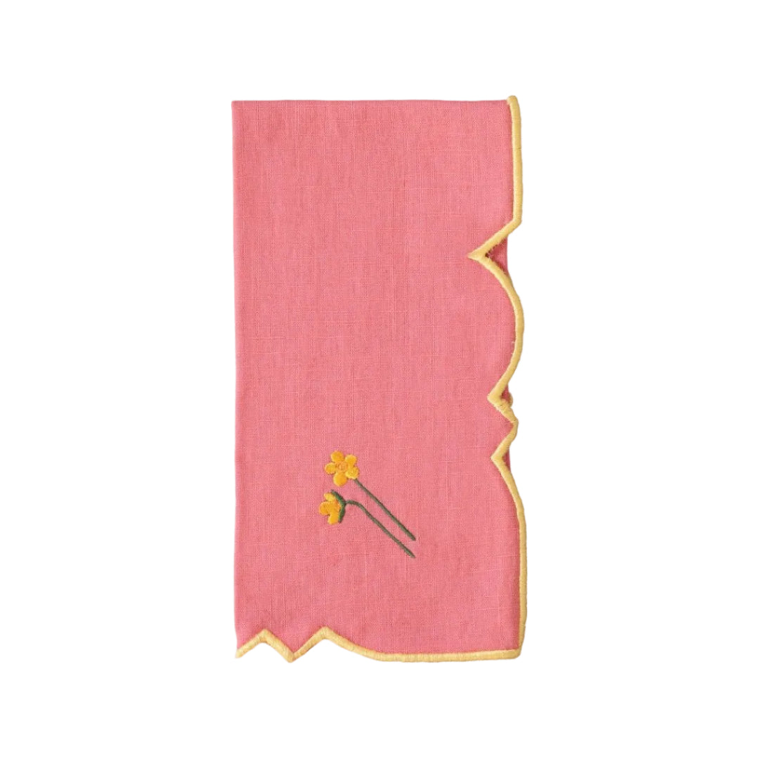 Napkin Gardénia, Pink with Yellow, Embroidered Flower