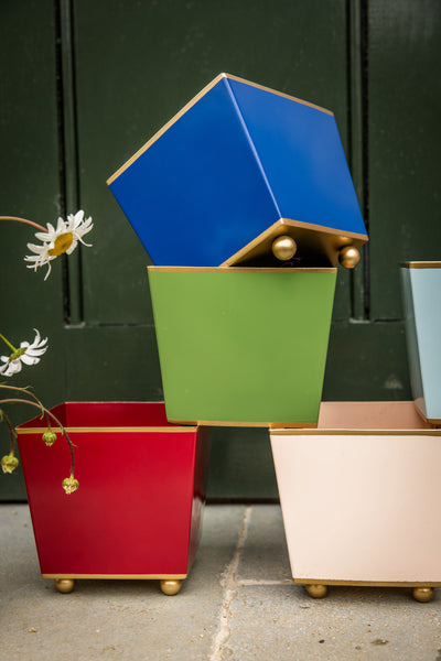 Colorful geometric planters with a green, blue, red, and beige planter against a dark background.