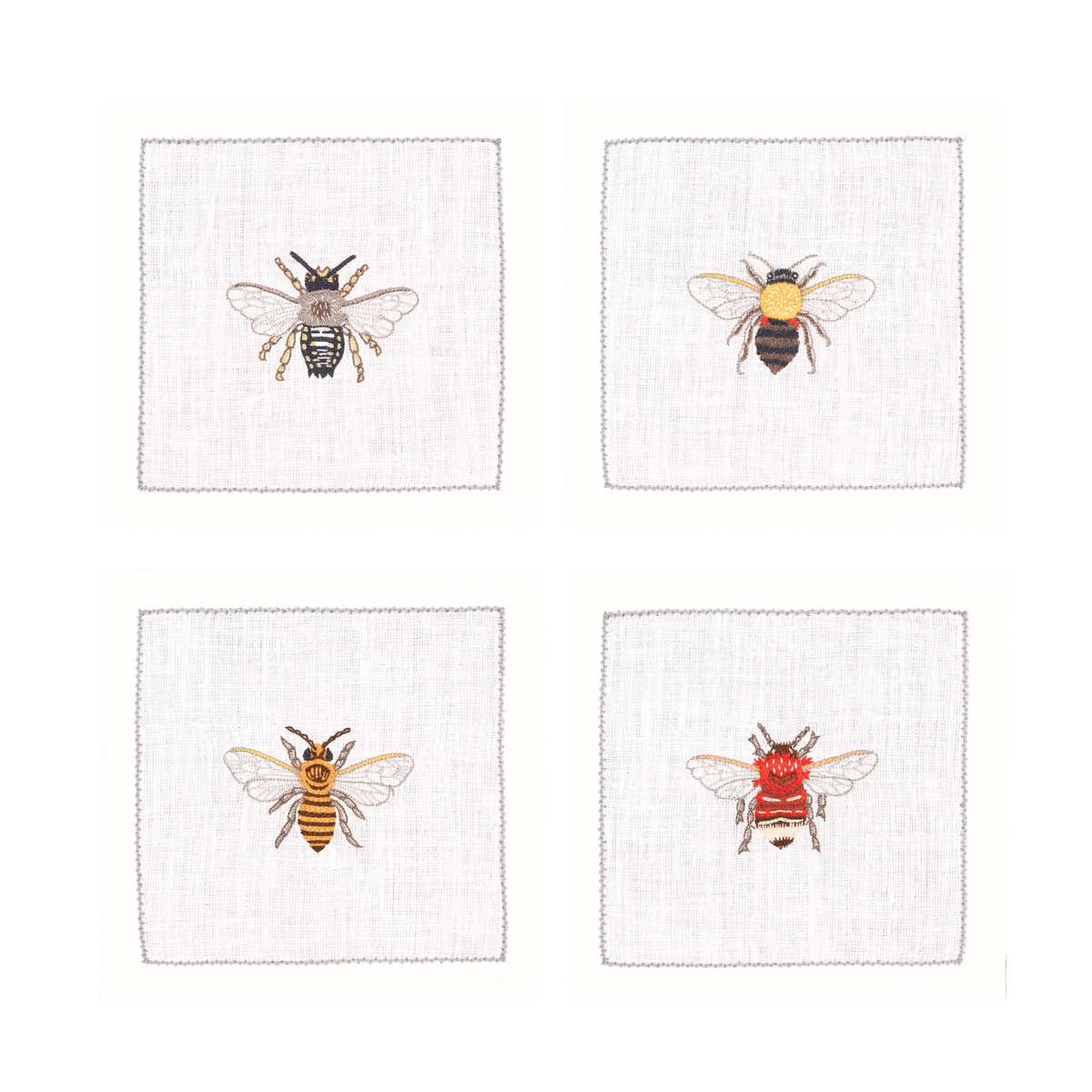 Hand Embroidered Flight of Bees Cocktail Napkins 6" x 6" (Set of 4)