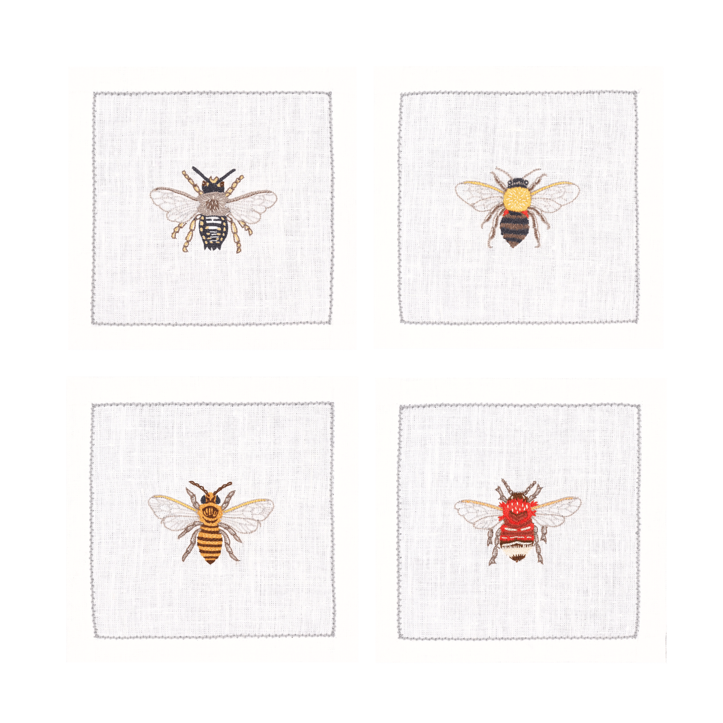 Hand Embroidered Flight of Bees Cocktail Napkins 6" x 6" (Set of 4)