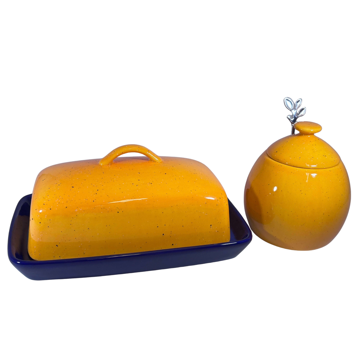 Butter Dish and Sugar Bowl Set - Yellow Speckle Glaze