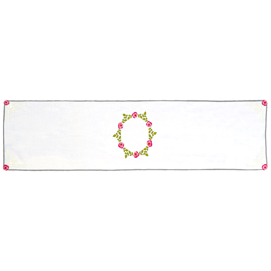 Hand Embroidered Rose Reverie Table Runner 16.5" × 67"