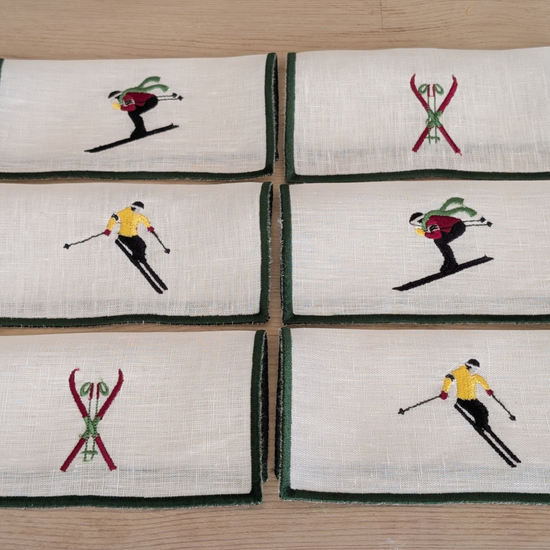 SKI Embroidered Cocktail Napkins (Set of 6)