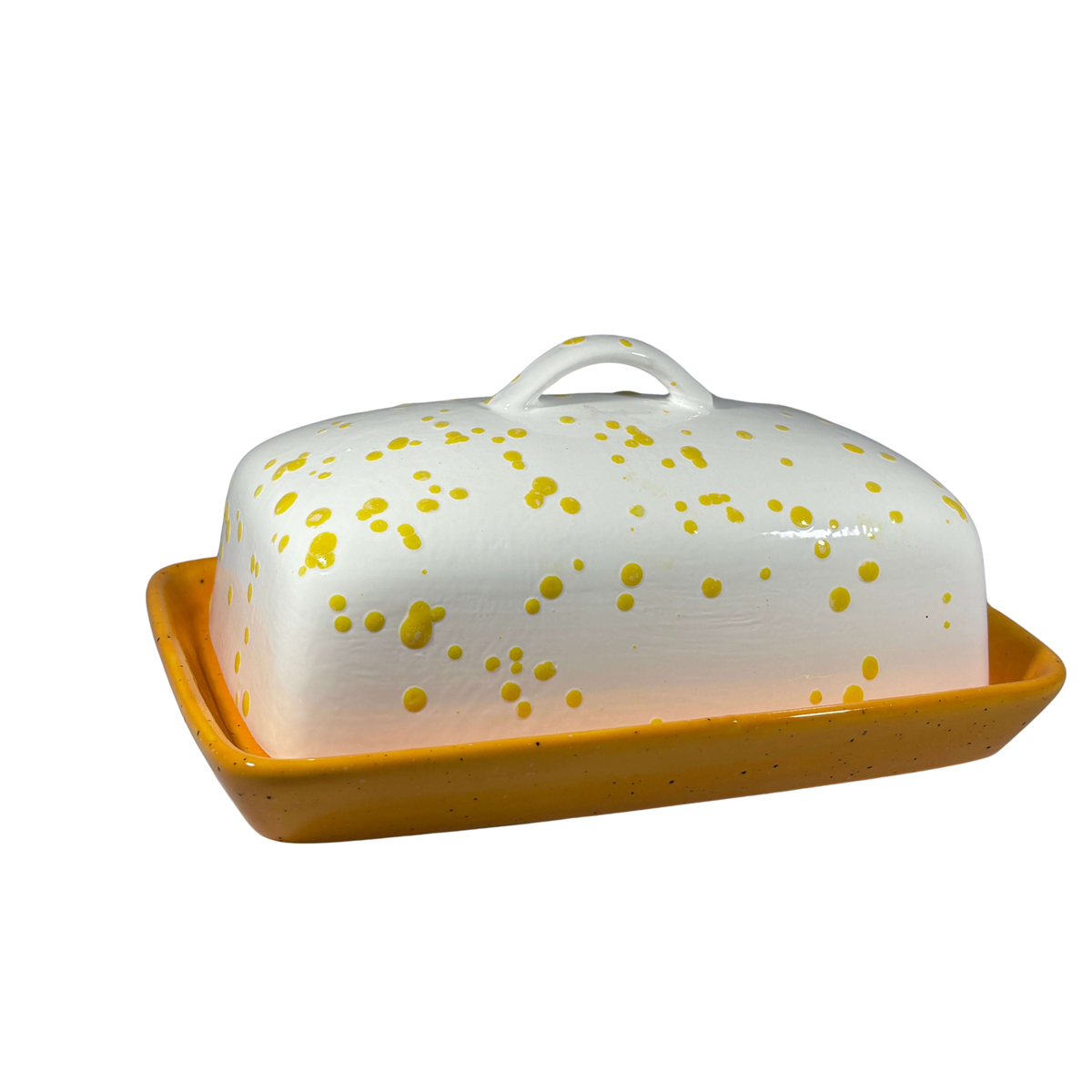 Butter Dish with White Lid Yellow Spots