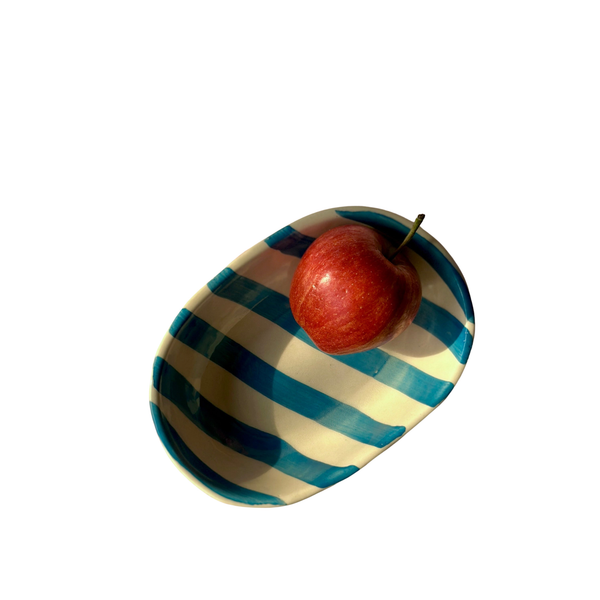 stripe Bowl,Auqa | Handpainted Ceramic | 7x5x2 in (Set of 2)