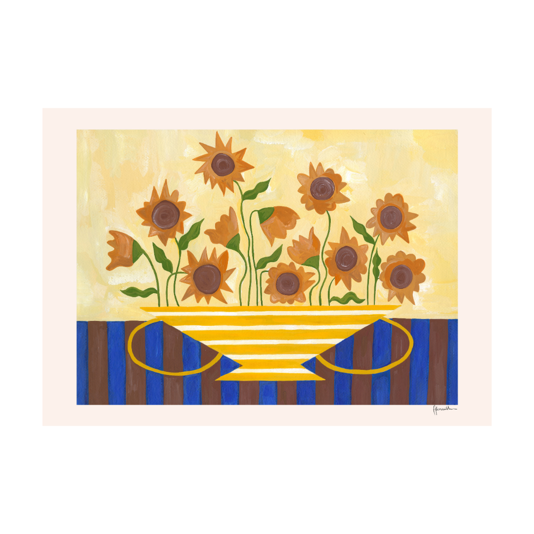 Sunflowers in Yellow Striped Vase Print