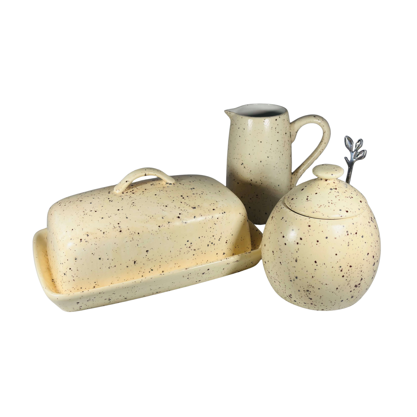 Butter Dish, Sugar Bowl and Milk Jug Set - Speckled Honey