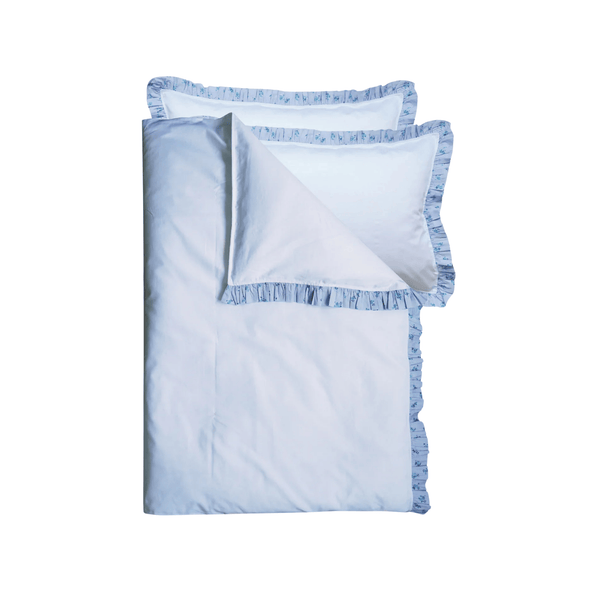 Frill-Edge White Duvet Set Made With Liberty Fabrics & Bridgerton Posy Corsage Blue