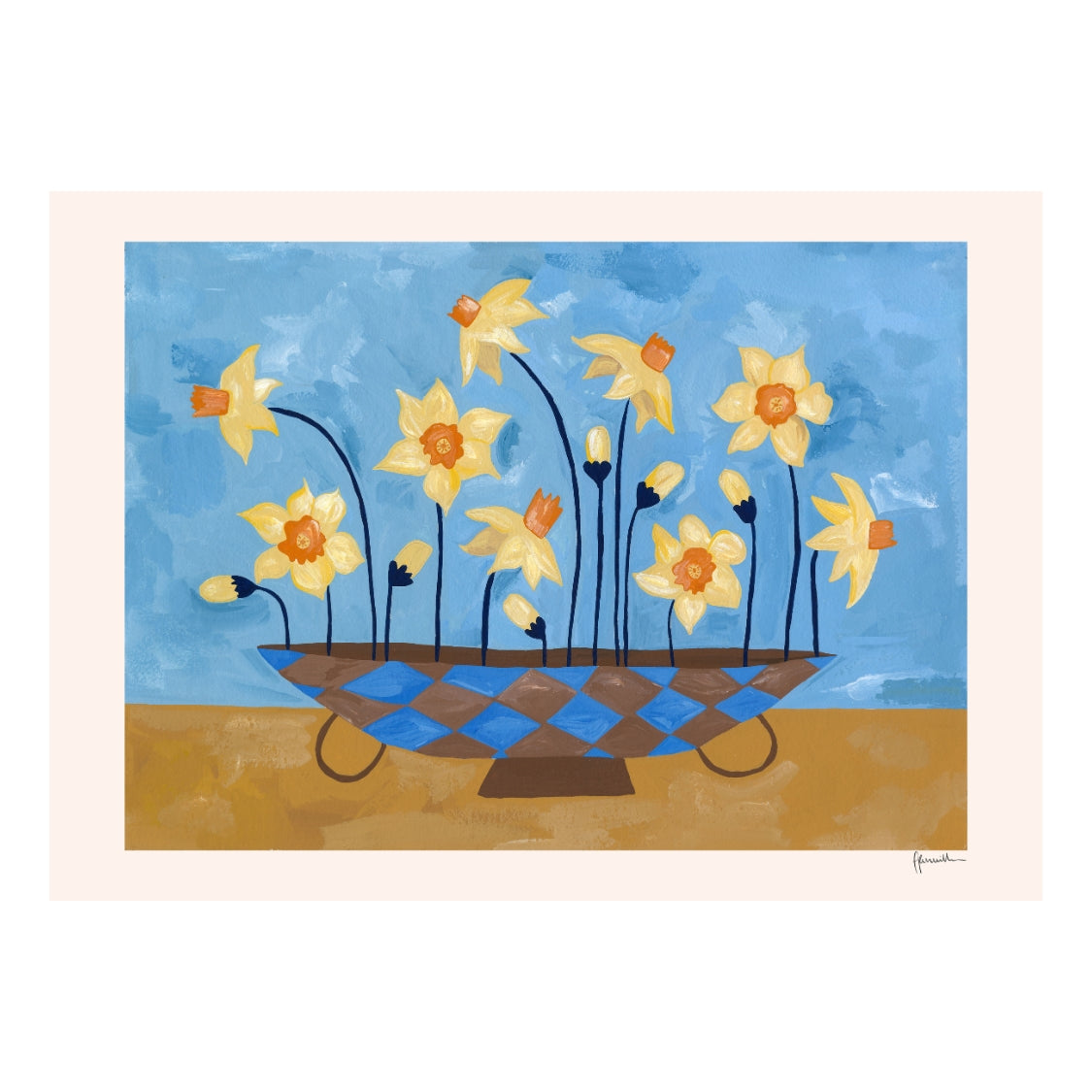 daffodils in checkered vase