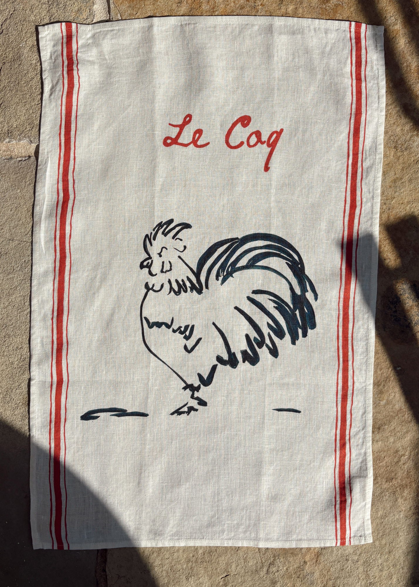 Le Coq - Hand Drawn French Cockerel Print Linen Tea Towel