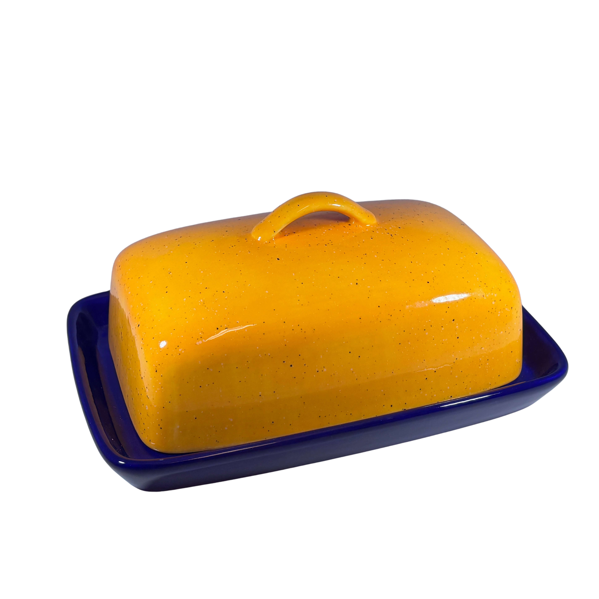 Royal Blue Butter Dish with Yellow Lid and Handle