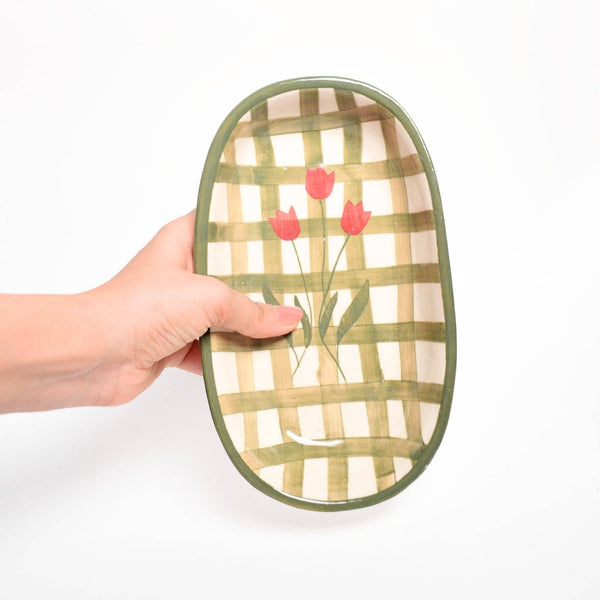 Green Checked Oval Bowl | Hand-Painted Ceramic | 8 Inch