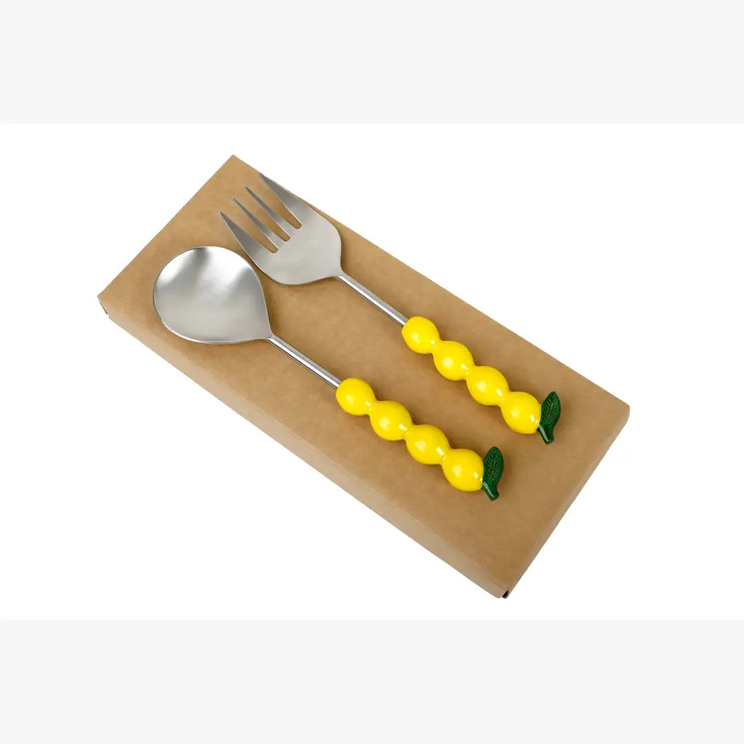 Salad Server Lemon Handle Set of 2 9.5x3 Inches Wood - Casa Amarosa