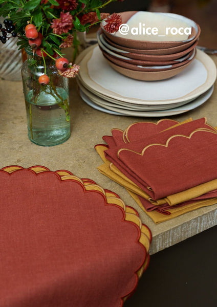 The Red and Yellow Ochre Linen Scalloped Round Placemats (Set of 2)