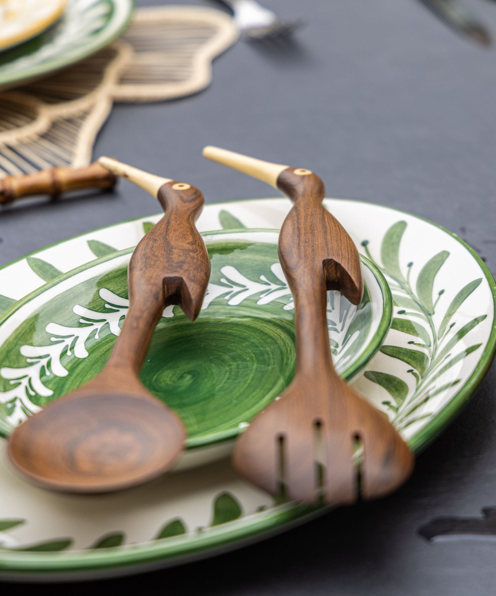 Set of two fern green Helecho serving platters, hand-painted Colombian ceramic