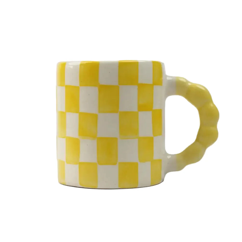 Yellow Checkered Ceramic Mug , 3x3x3.5 Inches (Set of 2)